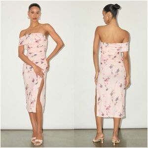 LULU’S Jayleen Light Pink Floral Mesh One Shoulder Midi Dress